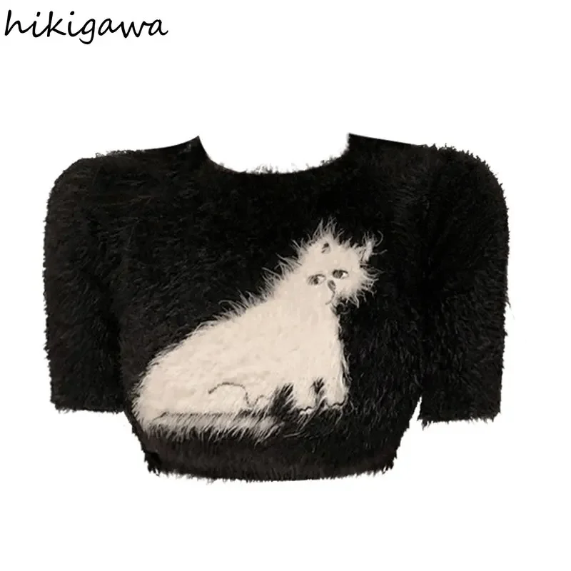 Knitwear Cropped Pullovers Women\'s Clothing O-neck Short Sleeve Cat Print Jumper Pull Femme Sweet Pink Knitted Sweater Y2k Tops