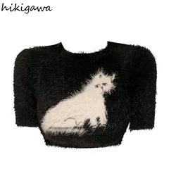 Knitwear Cropped Pullovers Women's Clothing O-neck Short Sleeve Cat Print Jumper Pull Femme Sweet Pink Knitted Sweater Y2k Tops