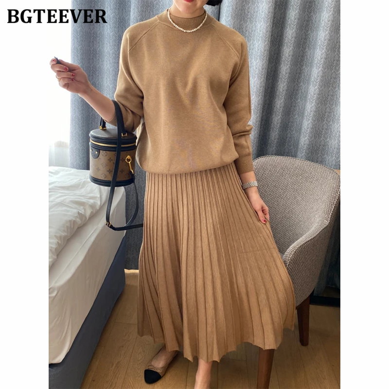 

BGTEEVER Elegant Warm Loose Women Knitted 2 Pieces Skirt Set O-neck Pullovers Sweaters & A-line Pleated Skirts Female Outfits
