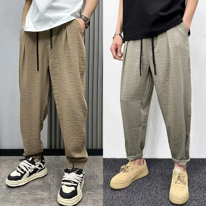 Ice Silk Linen Men's Casual Pants Loose Straight Leg Cool Wide Leg Cotton Linen Feel Sli Drapey Youthful Busin Casual