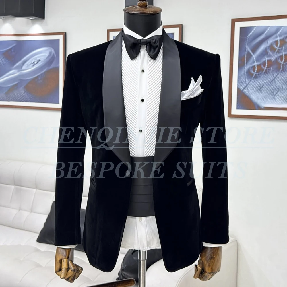 

Черные бархатные мужские костюмы, формальные костюмы с шалью и лацканами на одной пуговице, приталенная куртка, брюки, деловая вечерняя мужская одежда на заказ