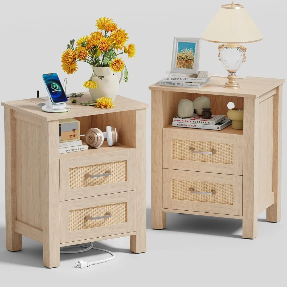 

26 Rattan Bedside Table, Set of 2, with Charging Station, Coffee Table, 2 Storage Drawers and 1 Open Bookshelf