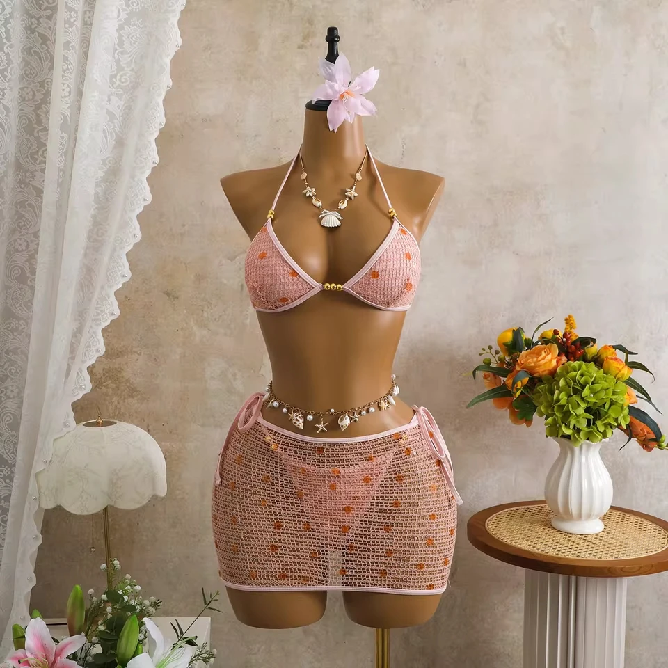 

Sexy White Mesh Cover Up 3 Piece Bikini Set 2026 Women Luxury Golden Pearls Push Up Triangle Swimsuit Bathing Suit Swimwear