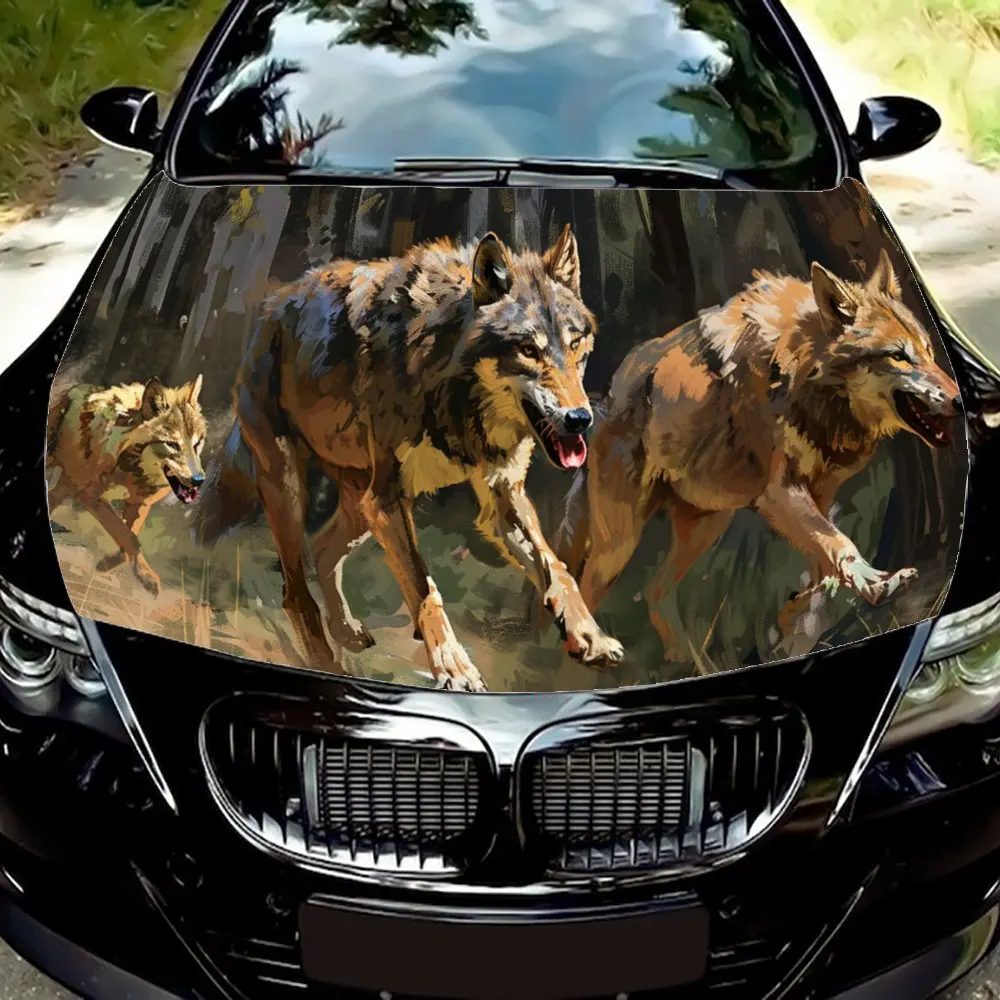 Wolf Family Running in The Primitive Forest Car Hood Wrap Color Vinyl Sticker Truck Graphic Bonnet Auto Accessories Decor Decal