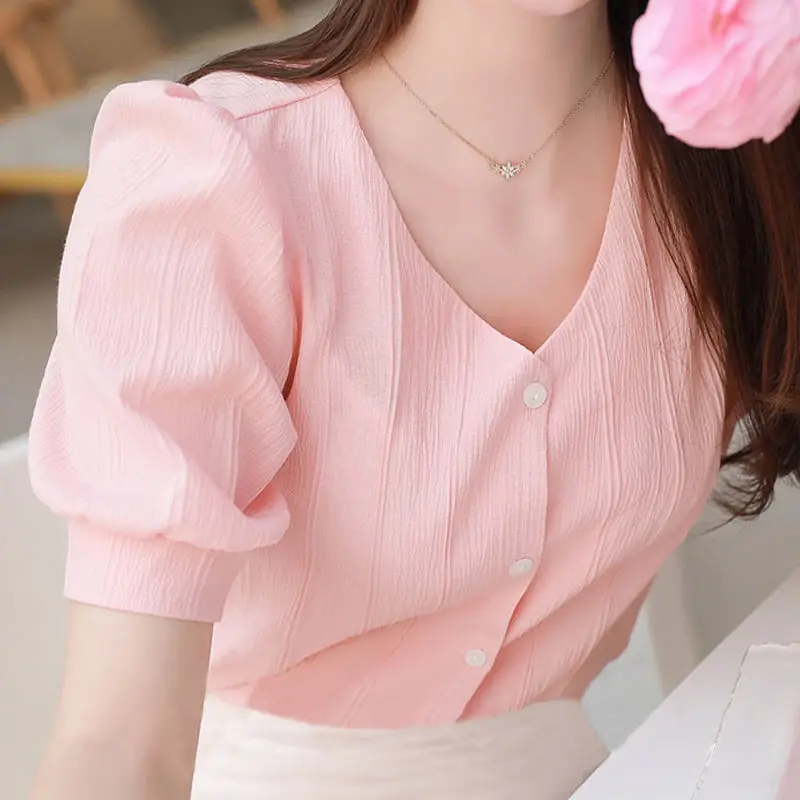 Elegant V-Neck Button Puff Sleeve Sweet Blouse Women\'s Clothing 2023 Summer New Loose Casual Tops All-match Office Lady Shirt