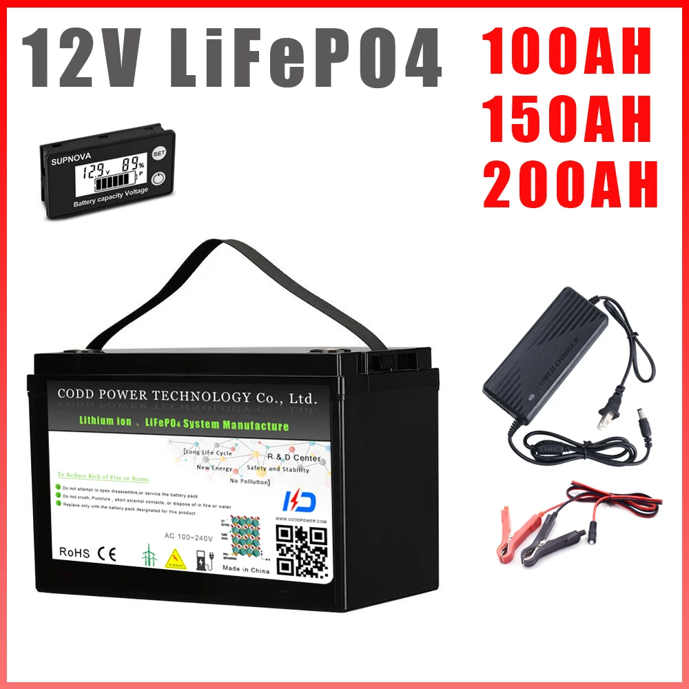 12V LiFePO4 Rechargeable Battery 12.8V 100AH 200AH Lithium iron phosphate LCD Waterproof RV Solar storage off-grid inverter