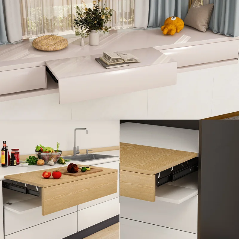 Heavy Duty Concealed Extension Slide Rail Soft Close Telescopic Lifting Desk Track for Hidden Table Cabinet Hardware