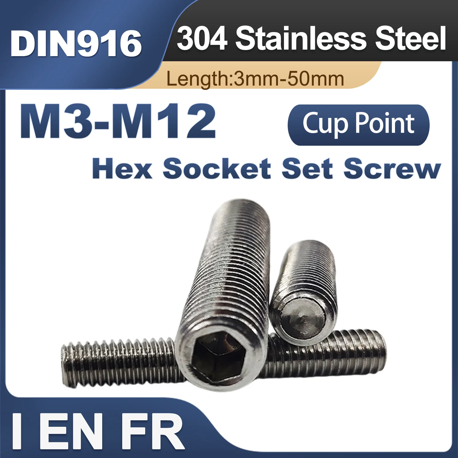 M1.6M2 M2.5 M3 M4 M5 M6 M8 M10 M12M16 DIN916 304 Stainless Steel Hex Hexagon Socket Allen Cup Point Set Screw Grub Headless Bolt