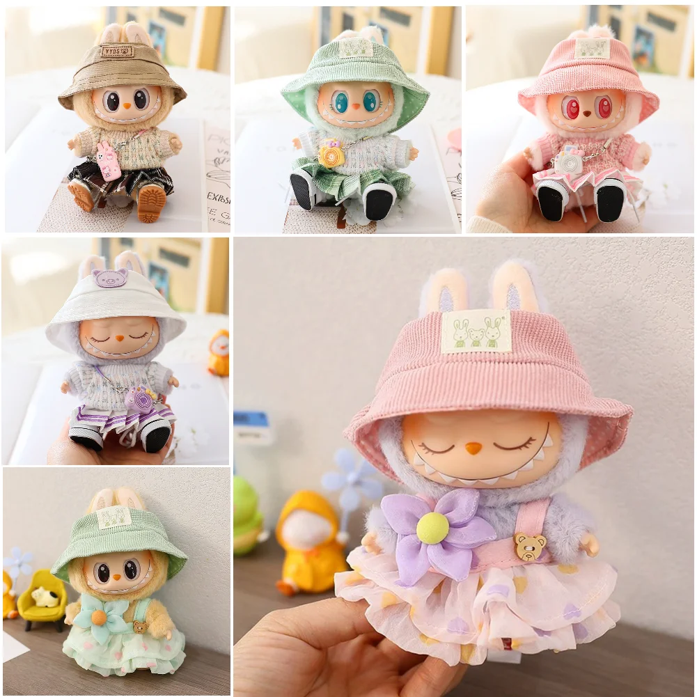 Dla 17cm Labubu Mini Doll Clothes Outfit Miękki sweter z dzianiny Garnitur Siedząca impreza JK Plisowana spódnica Zestaw Kawaii Bear Dress DIY Toy