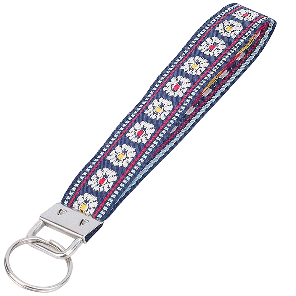 3Pcs Embroidered Key Chains Black and Wrist Lanyard Replacement Strap Keychain Wristlet Fabric Key Floral Handmade Fob Holder