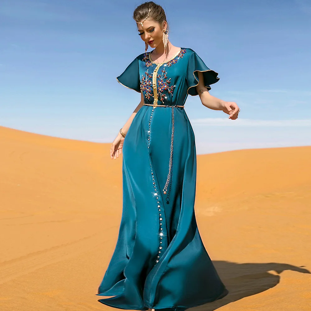 Elegant Blue Muslim Dress for Women Luxury Arabic Dubai Abaya Islamic Jalabiya Clothing Turkey Dresses Moroccan Kaftan Robe