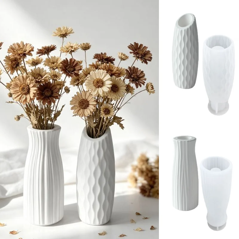 DIY Flat/Bevel Opening Vase Plaster Silicone Mold Handmade Stripe Flower Vase Cement Gypsum Resin Molds Home Decoration Crafts