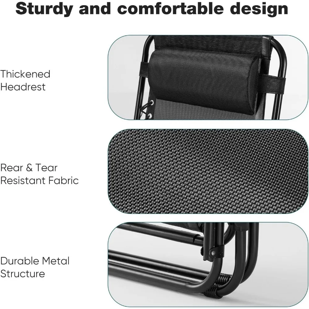 Set di poltrone lounge pieghevoli portatili a gravità zero per esterni, confezione da 2 sedie da campeggio reclinabili con cuscino regolabile e portabicchieri