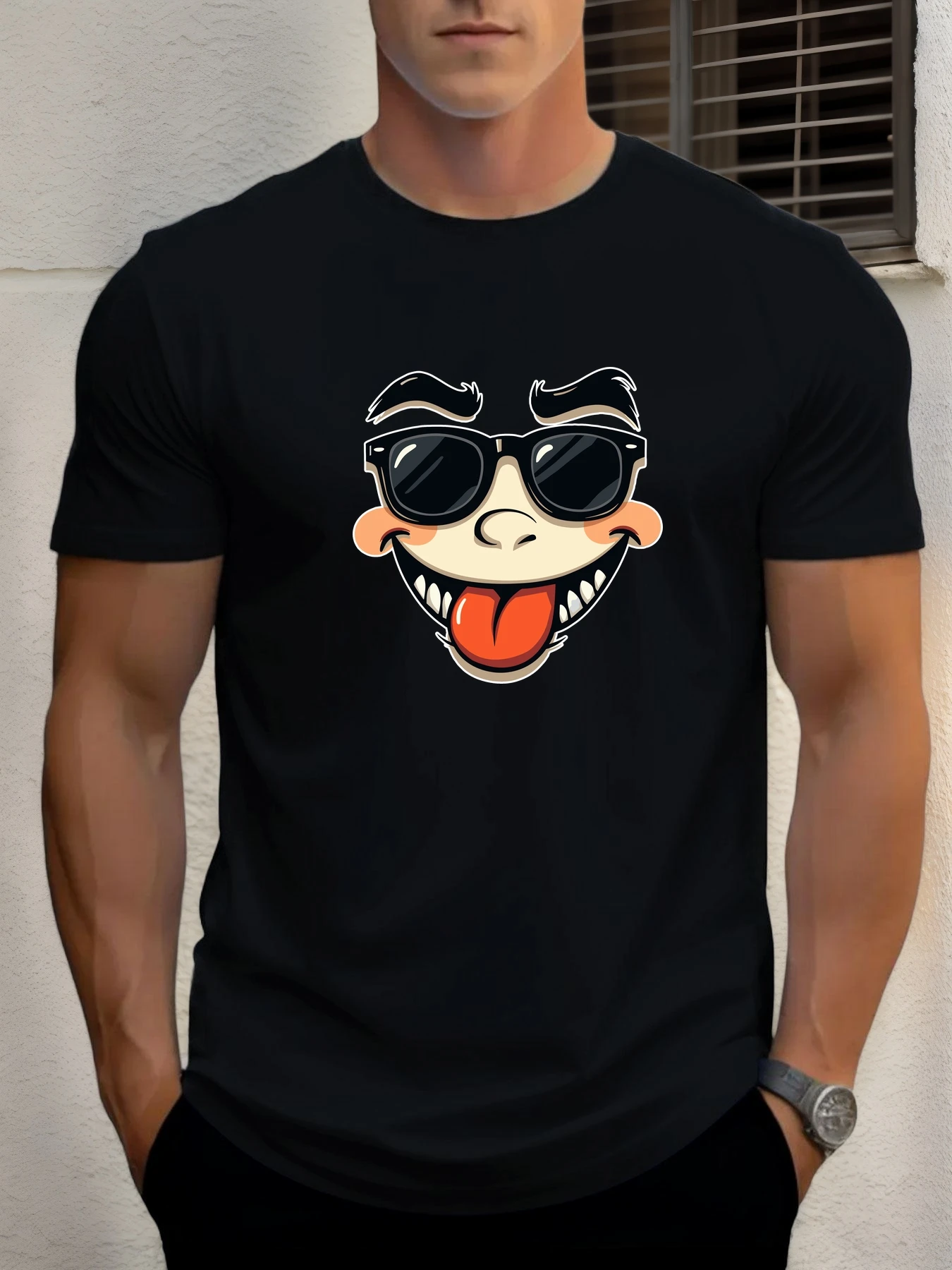 

2025 Summer Men's Cotton T Shirt Funny Smiley Face Trendy Print Round Neck T-Shirt Casual Breathable Street Style Daily Top