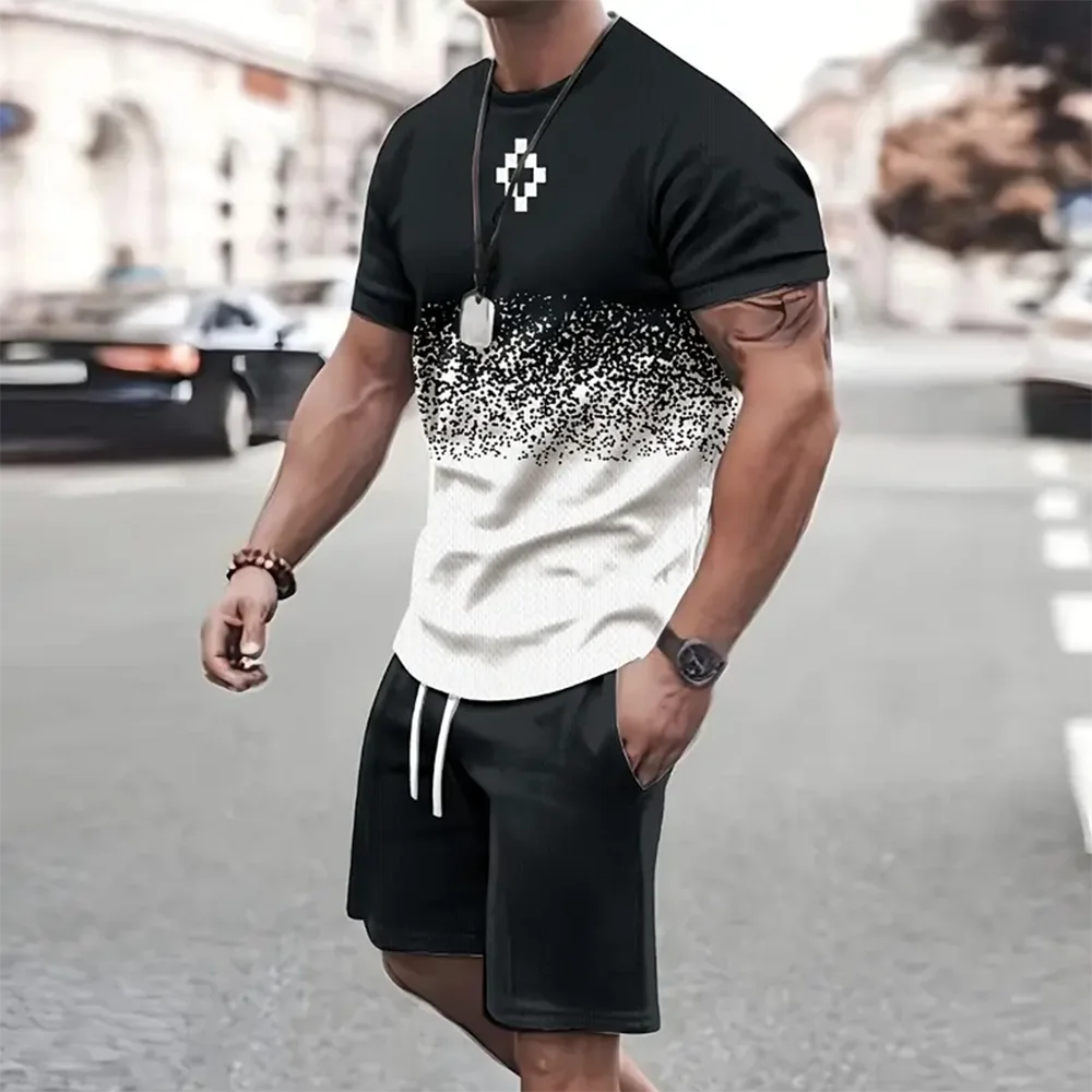 New Men\'s 3d Printed Round Neck Short Sleeve & Shorts Sports Suit Fashion Casual T-Shirt Drawstring Shorts Two Piece Sets Summer