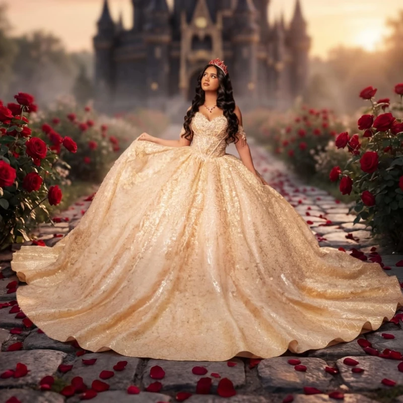 

Champagne Shiny Ball Gown Quinceanera Dresses Applique Lace Beading Crystal Tiered Tull Corset Off The Shoulder Sweet 16 dress