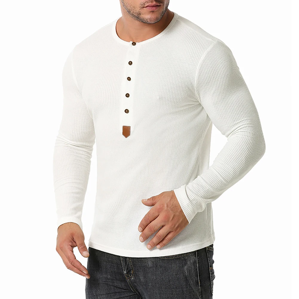 Mens Long Sleeve Ribbed Henley Shirts Tops Button Pullover Undershirt T Shirt Stretch Workout Slim Fit Muscle Casual Tees