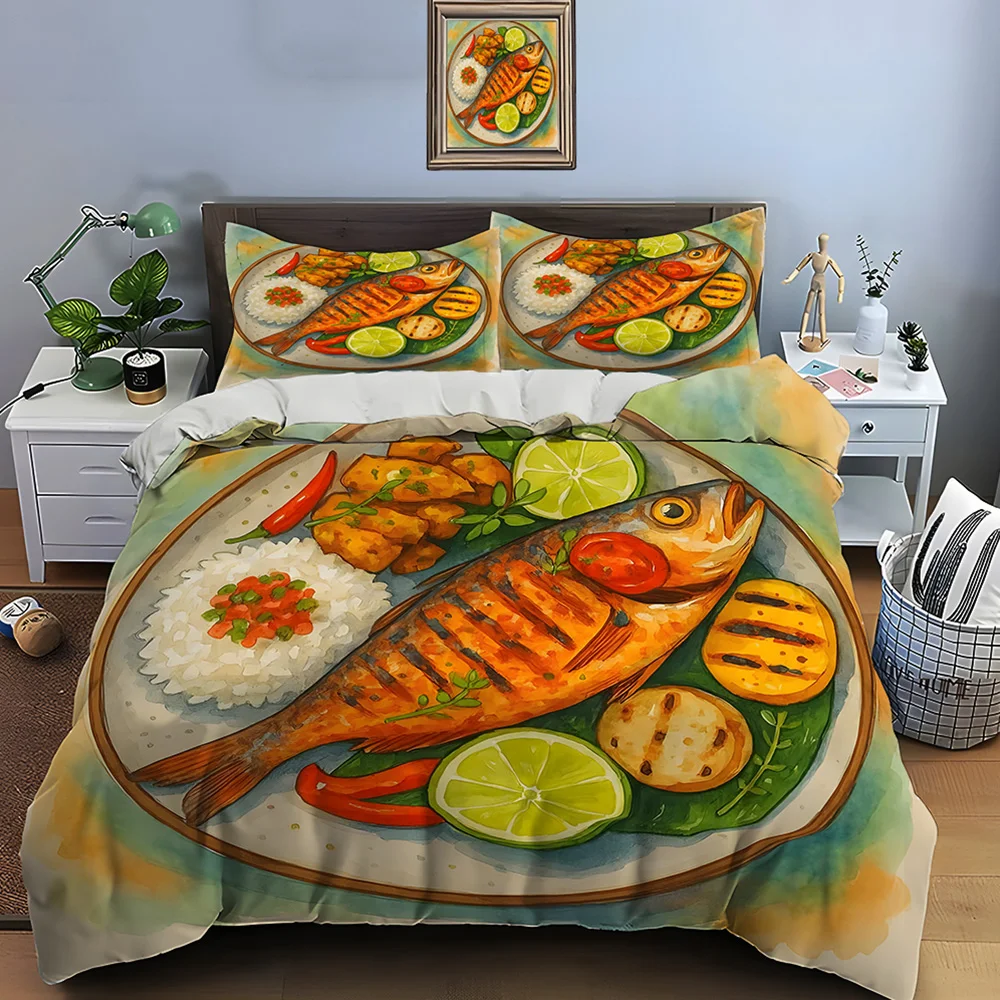Delicious grilled fish with sides Print Soft Comfortable Duvet Cover Bedding Set Included 1*Duvet Cover  2*Pillowcases
