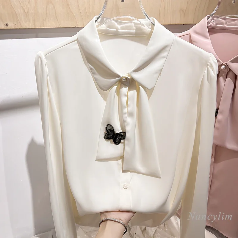 2024 Fall New Temperament OL Lapel Splicing Lace-up Butterfly Long-sleeved Chiffon Shirt Women's Autumn Top Pink Blouse