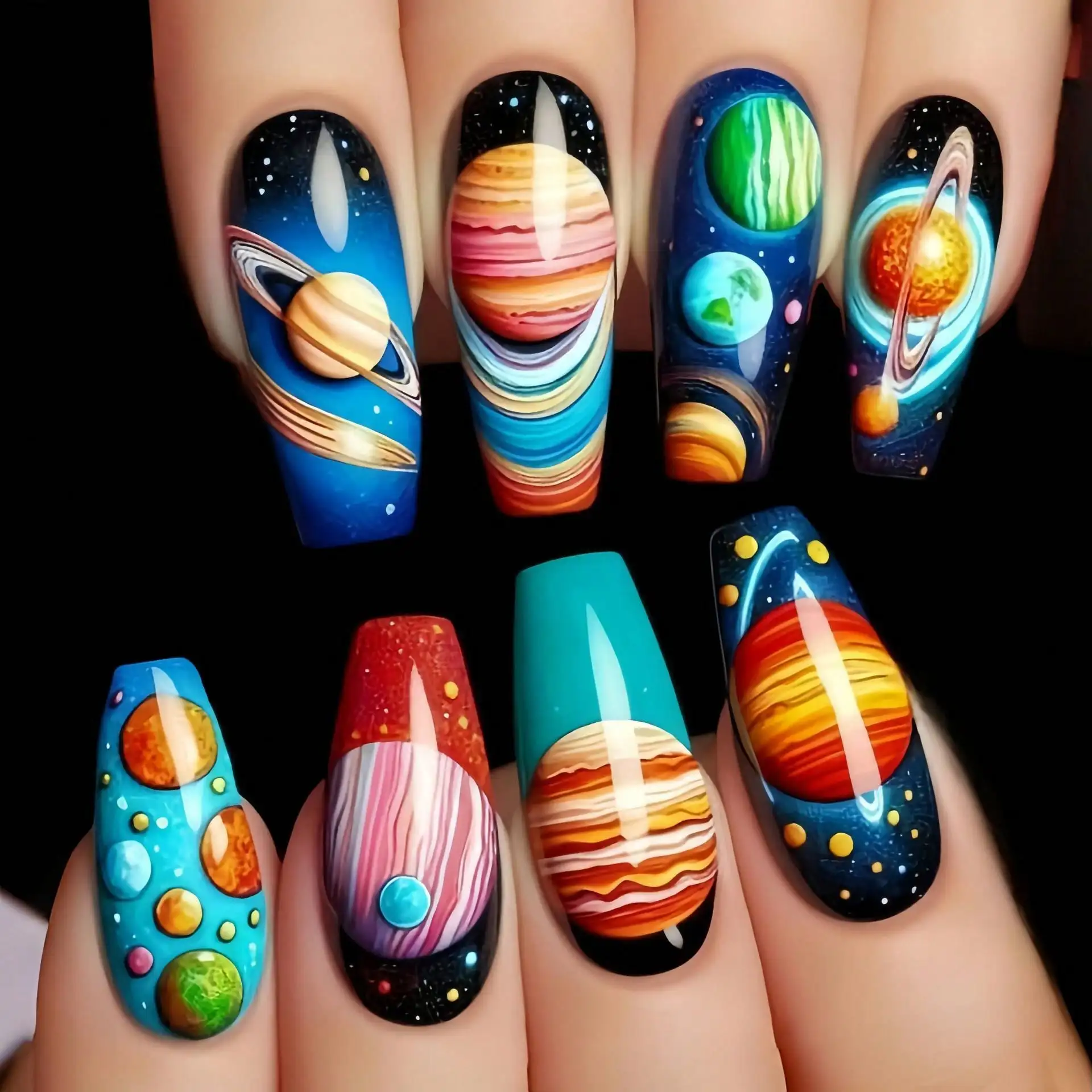 Jelly Glue + Rubber StripPress-On Fake Nail Patches, Medium-Long Ballet Nails, Planet And Space-Themed Nail Art Patches, Spring