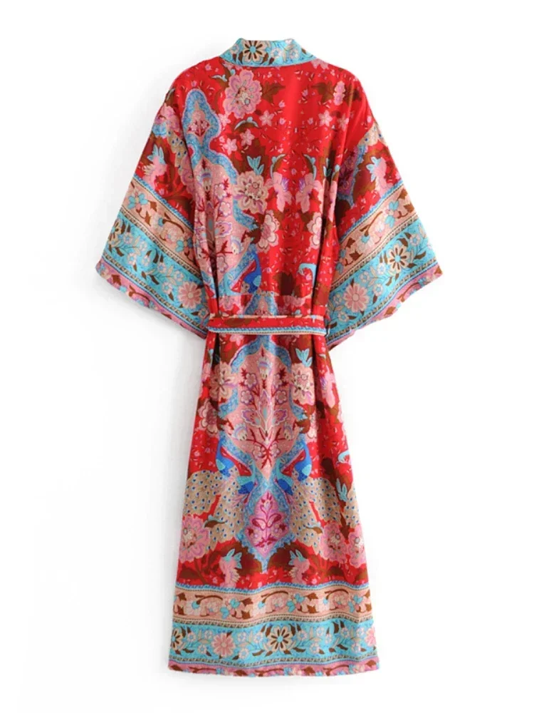 Peacock red Floral print batwing sleeve women beach Bohemian Kimono robe dress Ladies V neck happie bikini Boho Cover-ups