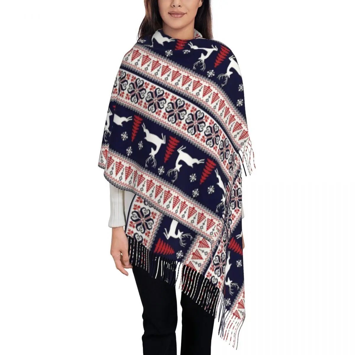 Women's Tassel Scarf Christmas Reindeer Snowflake Single-sided Pattern Super Soft Shawl Wrap Scandinavian Deer Cashmere Scarf
