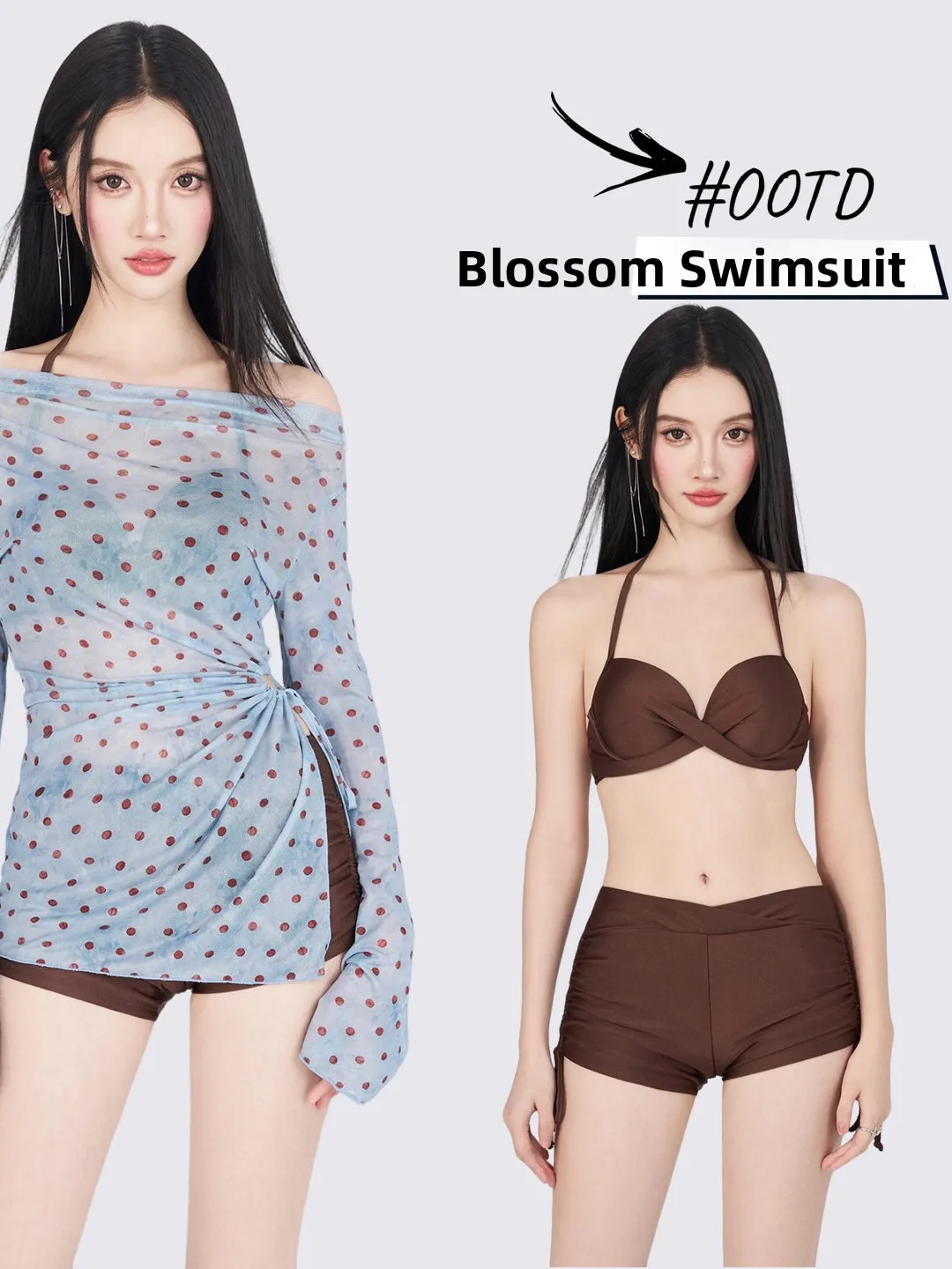 

Комплект бикини Blossom2026 для женщин: красивый, нежный, идеально подходит для отдыха на горячих источниках и плавания, с длинными рукавами, нейлон.