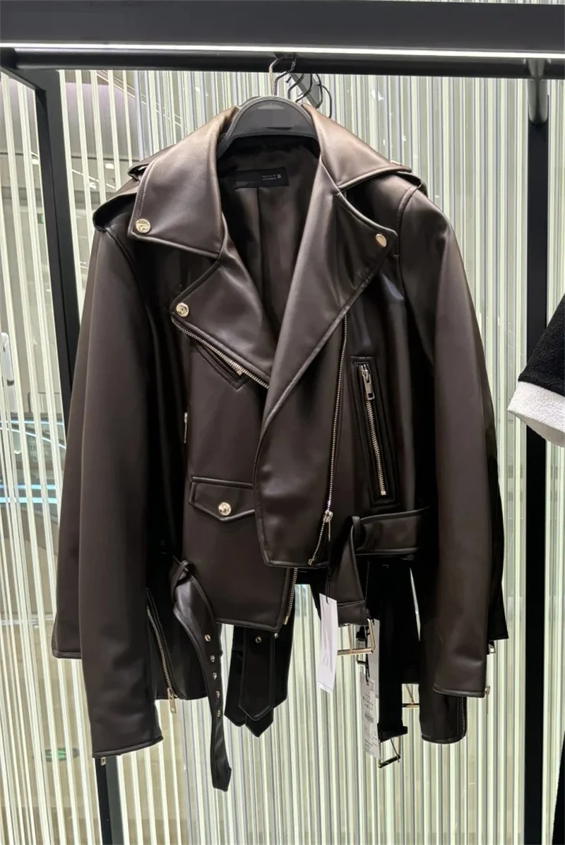 2025 automne femmes vêtements mode Simple col rabattu à manches longues veste en cuir décontracté Vintage femme Chic veste