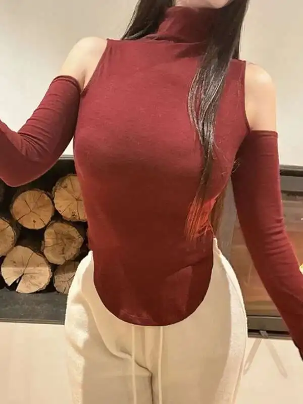 2024 가을/겨울 한국 버전 신상 하이넥 오프숄더 긴팔 티셔츠 여성 커브드 허리 슬림핏 솔리드 탑 C1H5