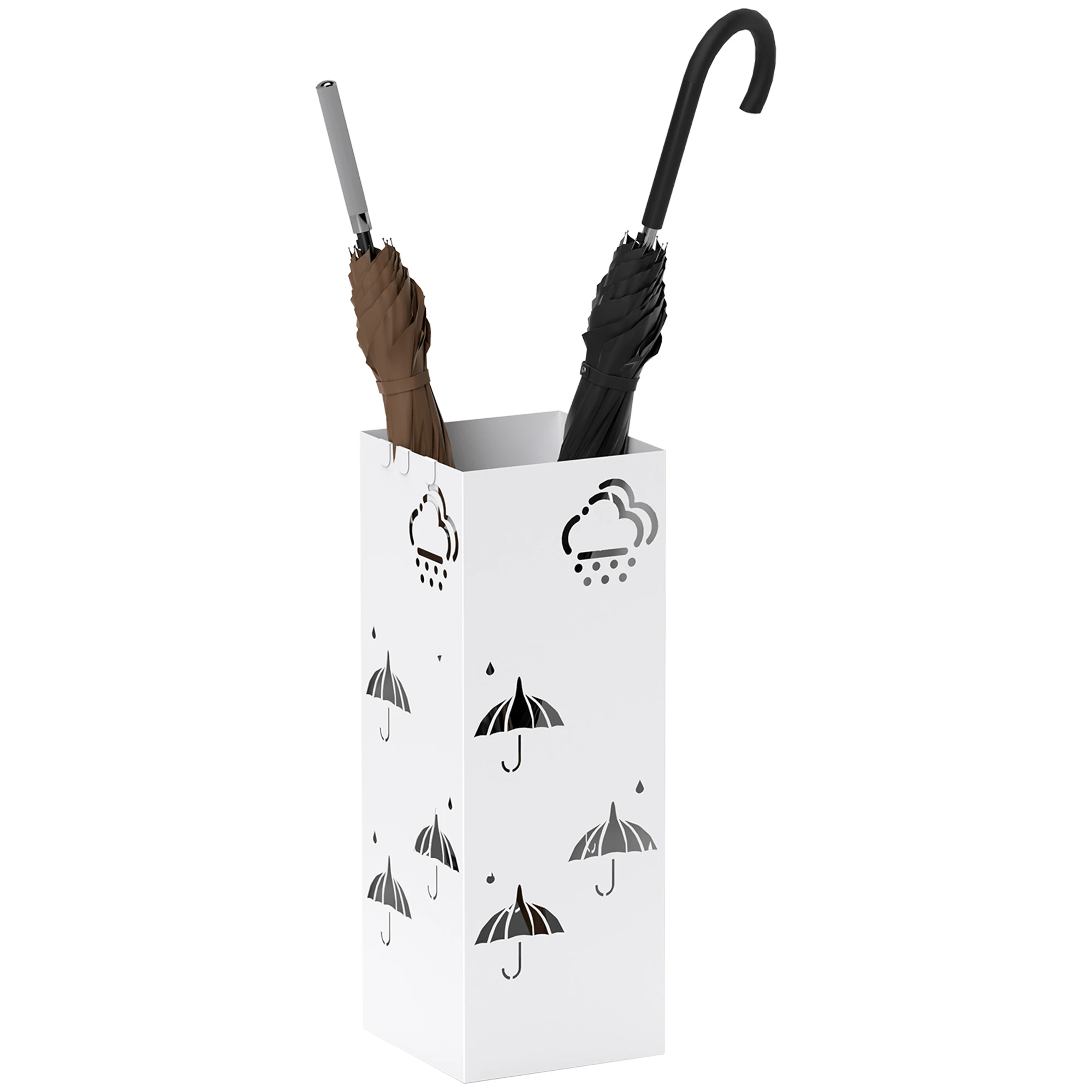 Paragüero de Acero con Bandeja Recoge Gotas Ganchos para Paraguas Plegables y Diseño Decorativo 15,5x15,5x41 cm Blanco