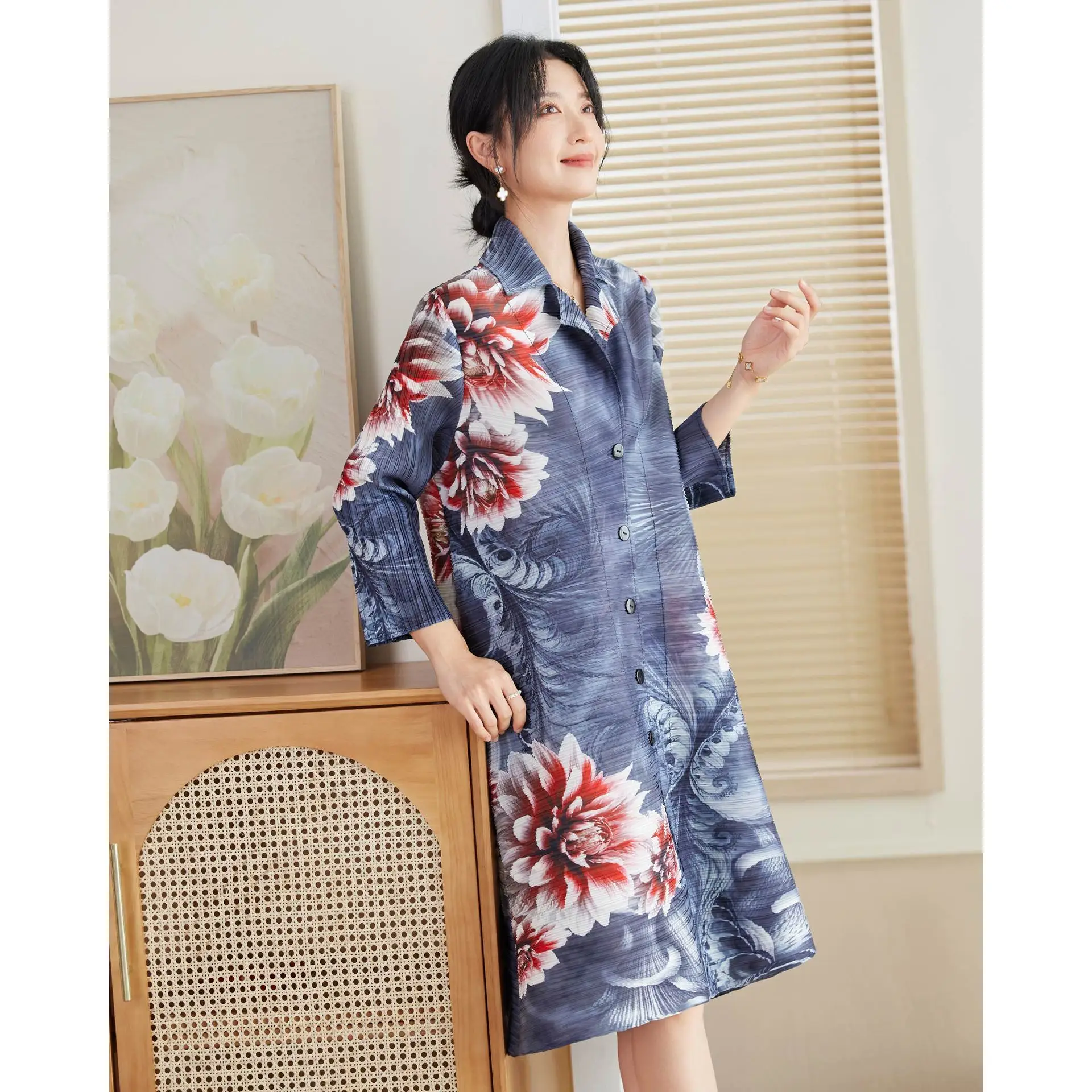 Miyake Pleated Loose Plus Size Dress Women's 2024 Fall New Printing Square Neck Single-breasted Cardigan Slim Mid-length Skirt