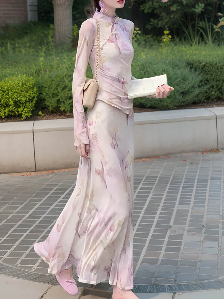

New Chinese Elastic Mesh Vintage Tulip Cheongsam Pink Women Suit Long Sleeve Slim Blouses Half Skirt Set Two Piece Set for Women