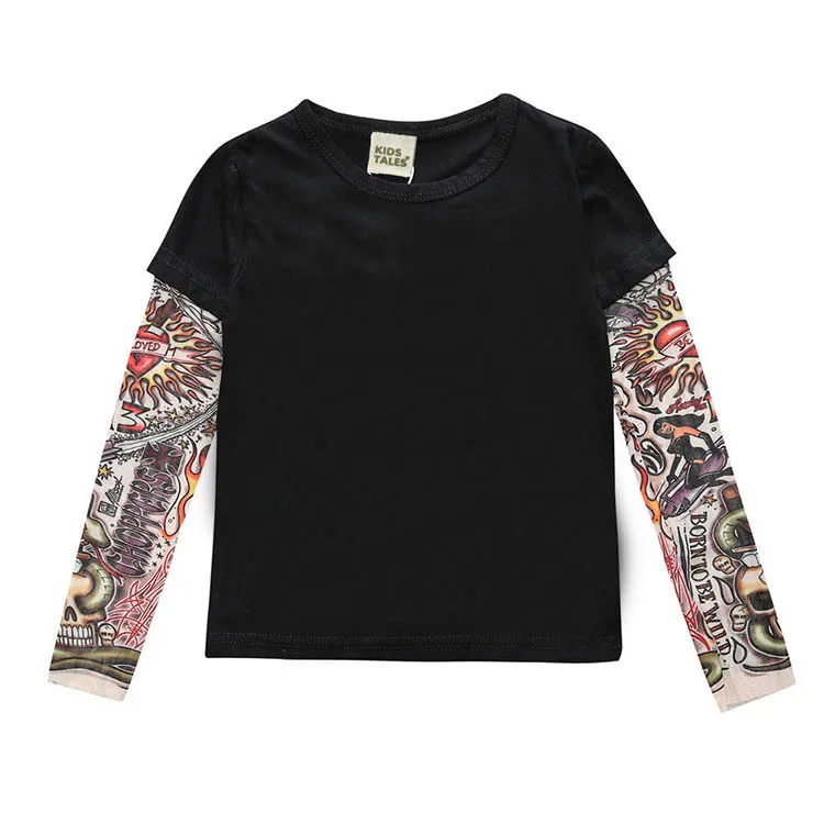 Boys Girls T-shirts Long Sleeved with Patchwork Hip-hop Floral Tattoo Prints INS Spring Autumn Streetwear Tees Baby Fashion Tops