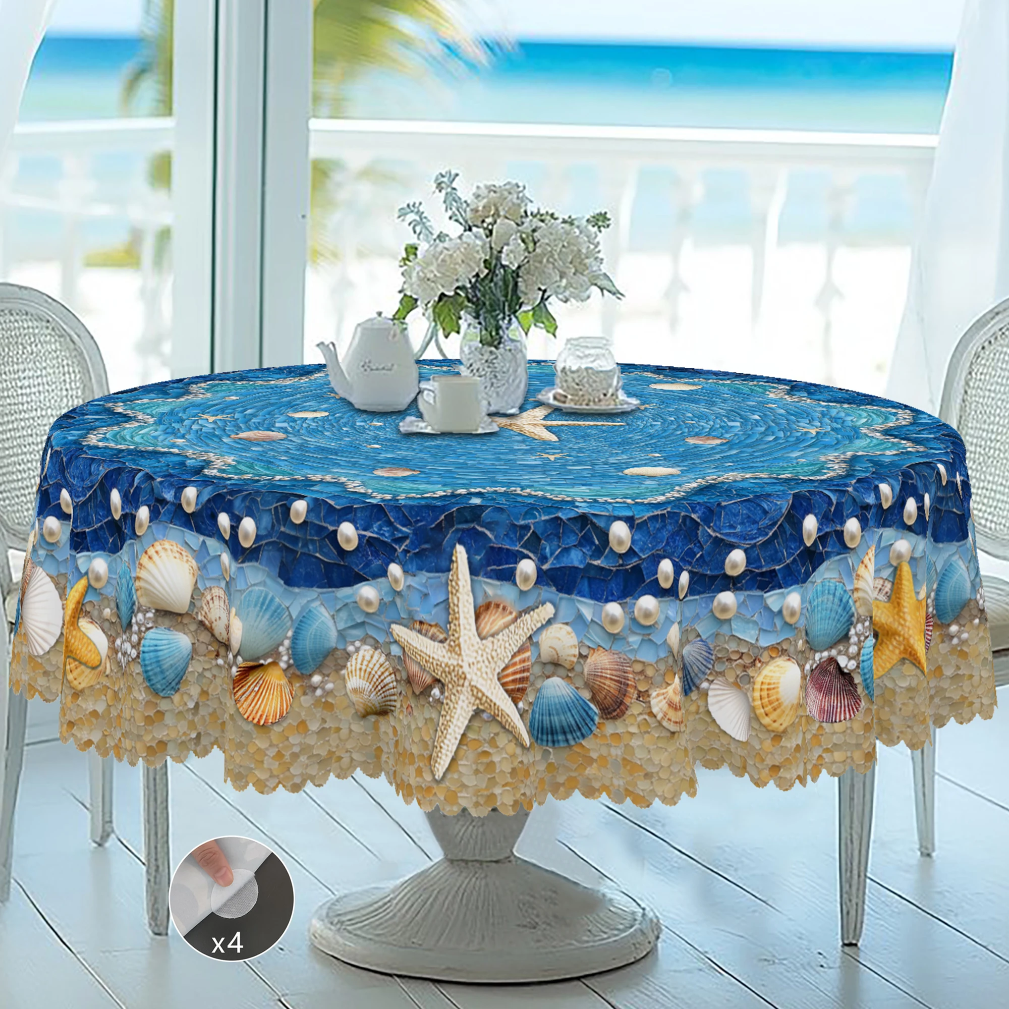 1 Piece of Summer Ocean Theme Blue Printed Tablecloth, Farmhouse Style, Ocean, Shell, Pearl Pattern Design, Suitable for Spring and Summer Camping Style Picnic, Seaside Birthday Party, Kitchen Accessories, Restaurant Terrace, Tablecloth for Indoor and Outdoor Use, Perfect Gift for Friends, Multiple Sizes Available