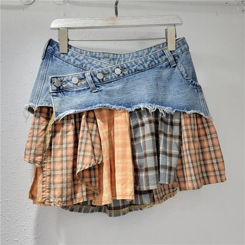 American Low Rise Spliced Denim Short Skirt for Women New Personalized Plaid Design Irregular Skirt Trend Female Cllothing