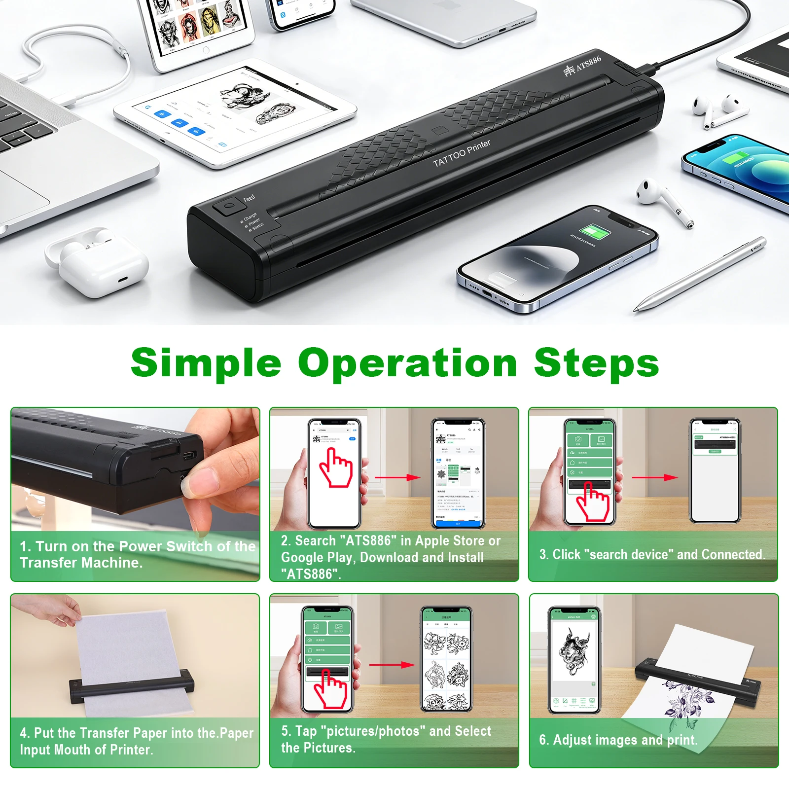 Portable ATS886 Tattoo Transfer Printer Wireless Bluetooth Tattoo Machine Thermal Copier Printer Tattoo Transfer Tattoo Artists