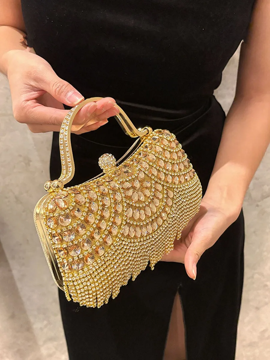 Metallische Strass-Diamant-Abendclutch mit Goldener Quaste, Luxuriöse Braut-Hochzeits-Party-Handtasche für Damen, Formelle Bankett- und Abschlussball-Tasche – Detail 1