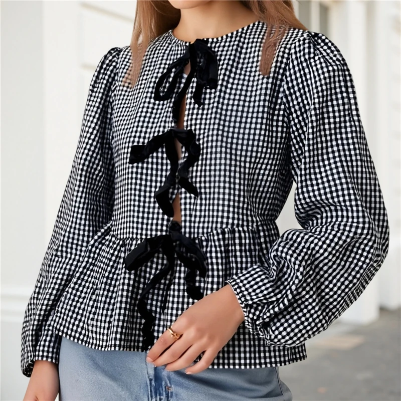 Top scozzesi casual autunnali da donna Manica lunga Girocollo Cravatta sul davanti T-shirt babydoll Camicie e camicette da donna Top femminile elegante