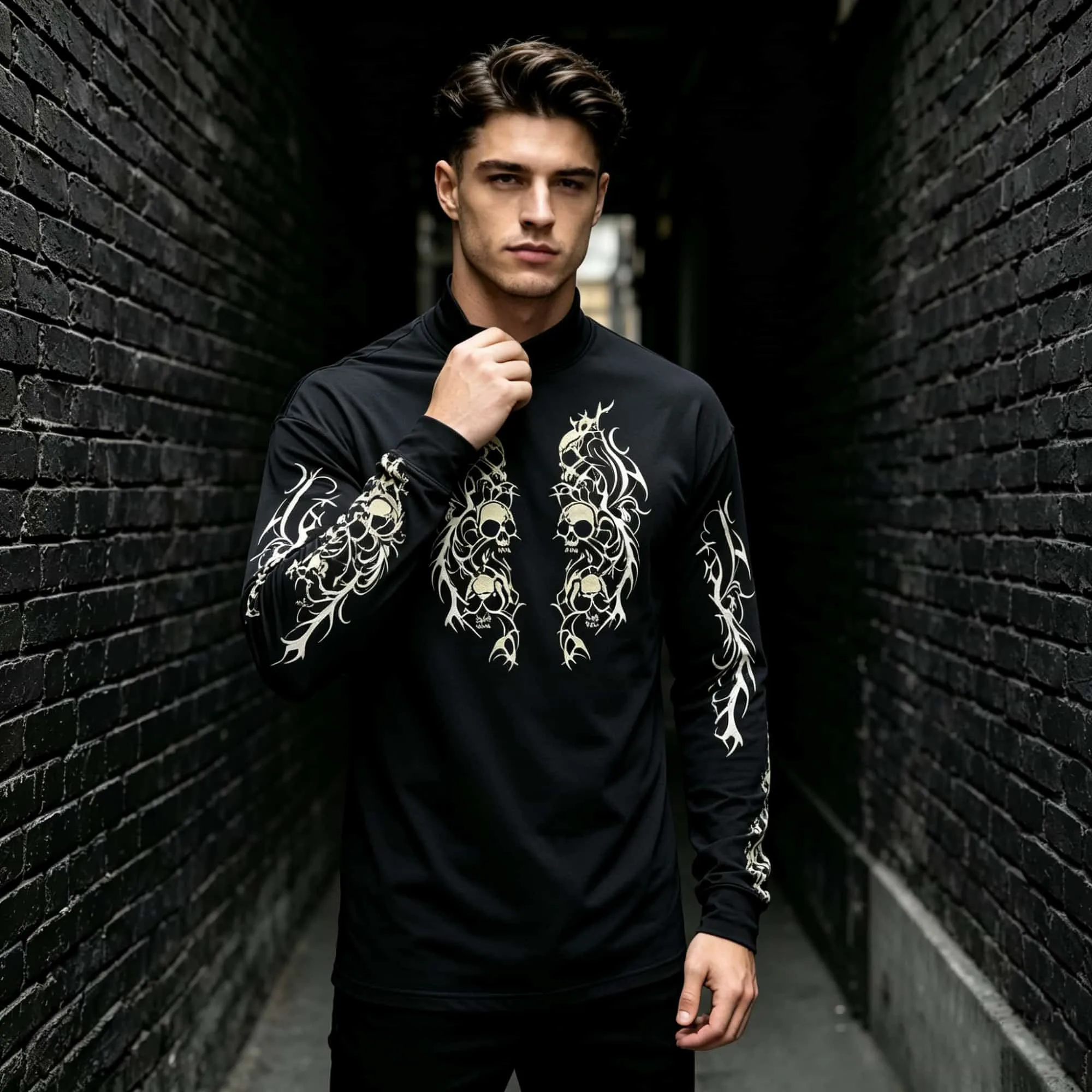 Dark Tattoo‑Graphic Men Mock Neck Long Sleeve Top Skull Thorn Branch Print Soft   Punk Street Casual T‑Shirt
