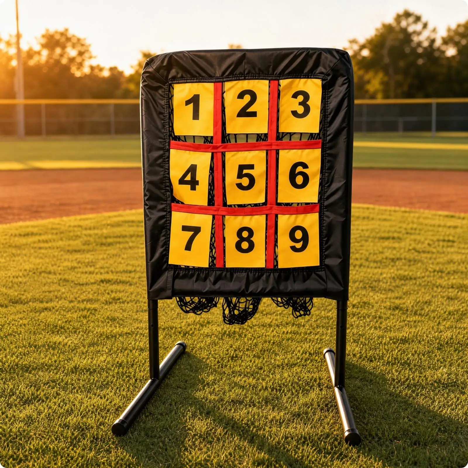 Baseball Pitching Target Net with Mesh Catch Pocket and Red Dividers for Solo Drills Team Practice Sessions