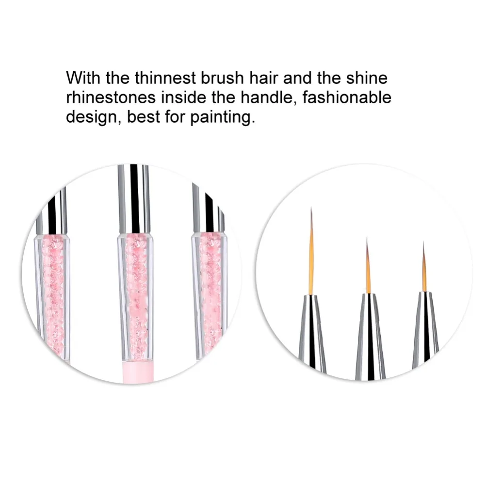 3pcs Fine Detail Fine Detail Nail Brush Professional Rhinestone Handle Nail Art Brush Delicate Nail Liner Brush Gel Polish