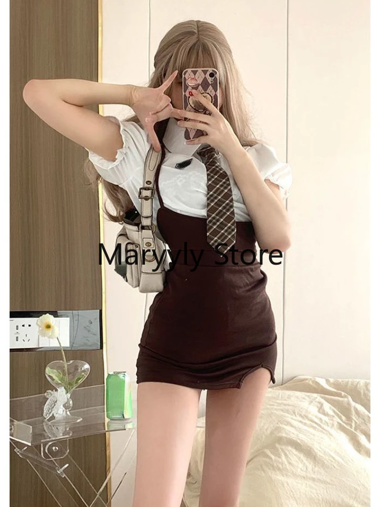 2023 Summer White Puff Sleeve Blouse + Pure Color Mini Skirts Women Elegant Retro Y2k Party Suits Style Korean Fashion Oufits