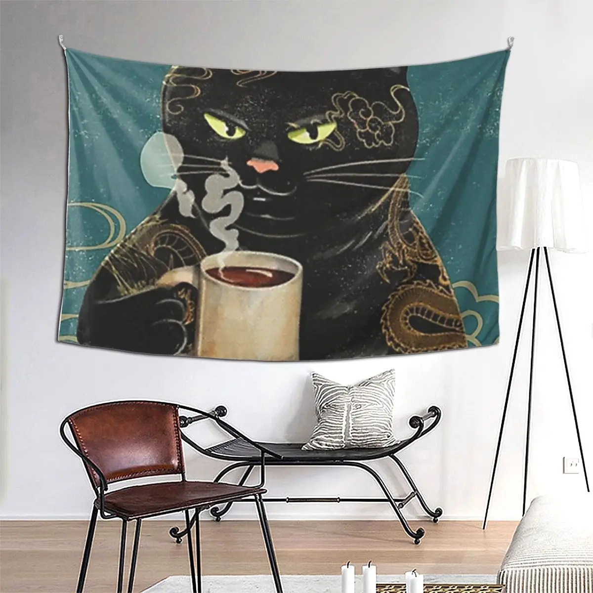 

Черный кот, кофейный гобелен, художественный настенный гобелен, эстетическое украшение дома, гобелены для гостиной, спальни, общежития