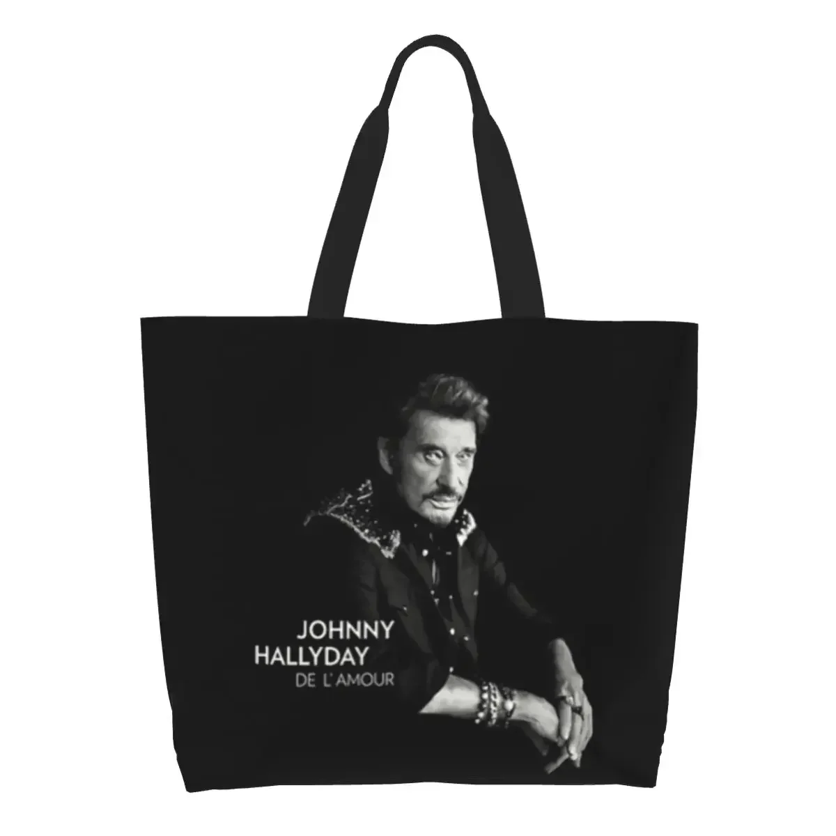 

Reusable Johnny Hallyday Shopping Bag Women Canvas Shoulder Tote Bag Washable France Mucisian Grocery Shopper Bags