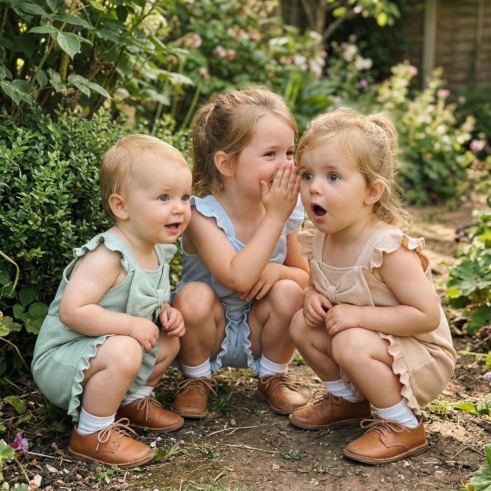 Girls Overalls Shorts Solid Color Waffled Flying Sleeve Square Bow Front Ruffled Romper