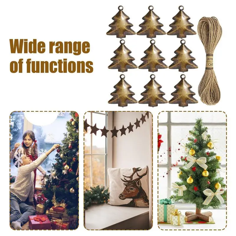 Metal Vintage Bells With Jute Hanging Rope Christmas Tree Shaped Bells Harmony Sound Christmas Dangling Hanging Cow Bells