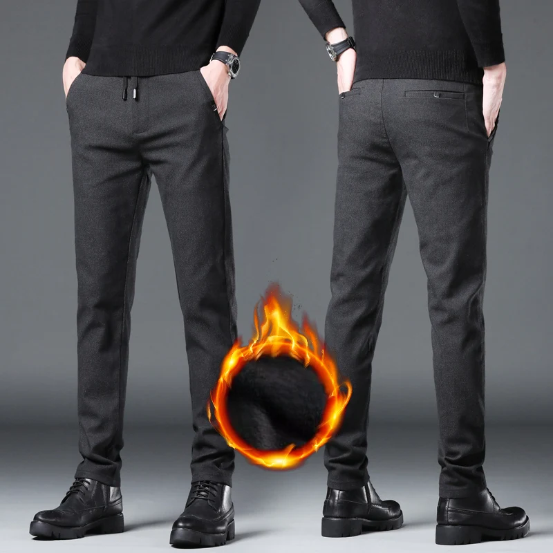 Warm Velvet Slim Fit Men's Casual Pants Winter Thicken Business Korean Elasticity Trousers Fleece Straight Trendy Men Clothing