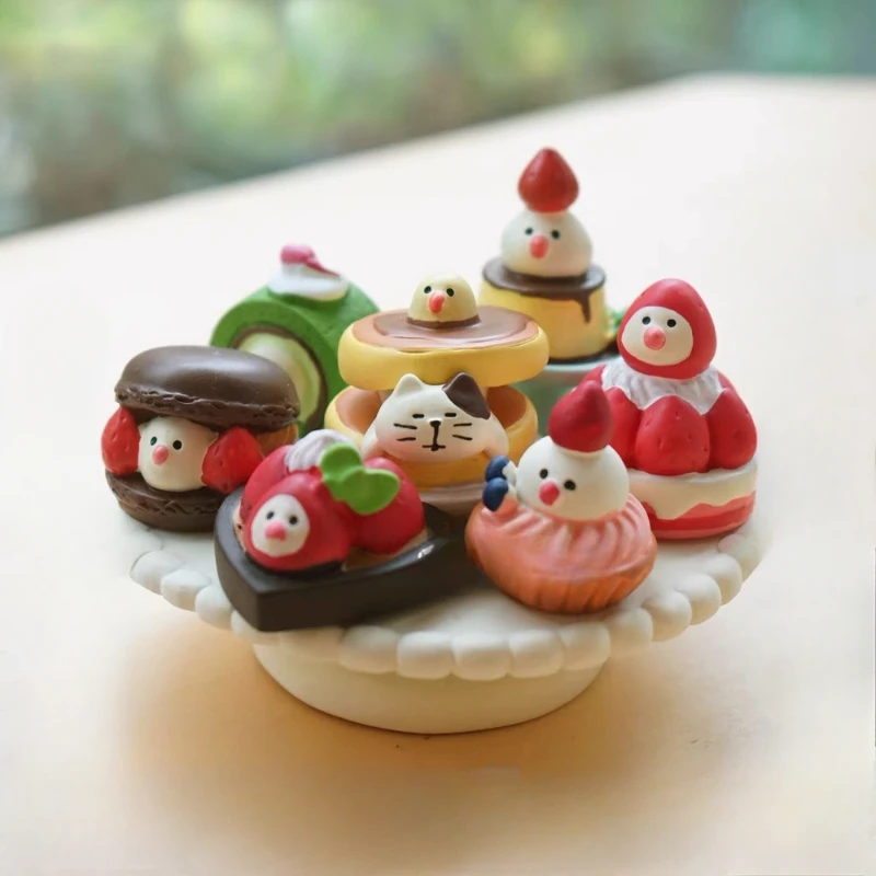 Cute Strawberry Desserts Series Miniatures Kawaii Cake Cat Resin Artifact Desktop Decoration Japan Style for Girls Room Decor