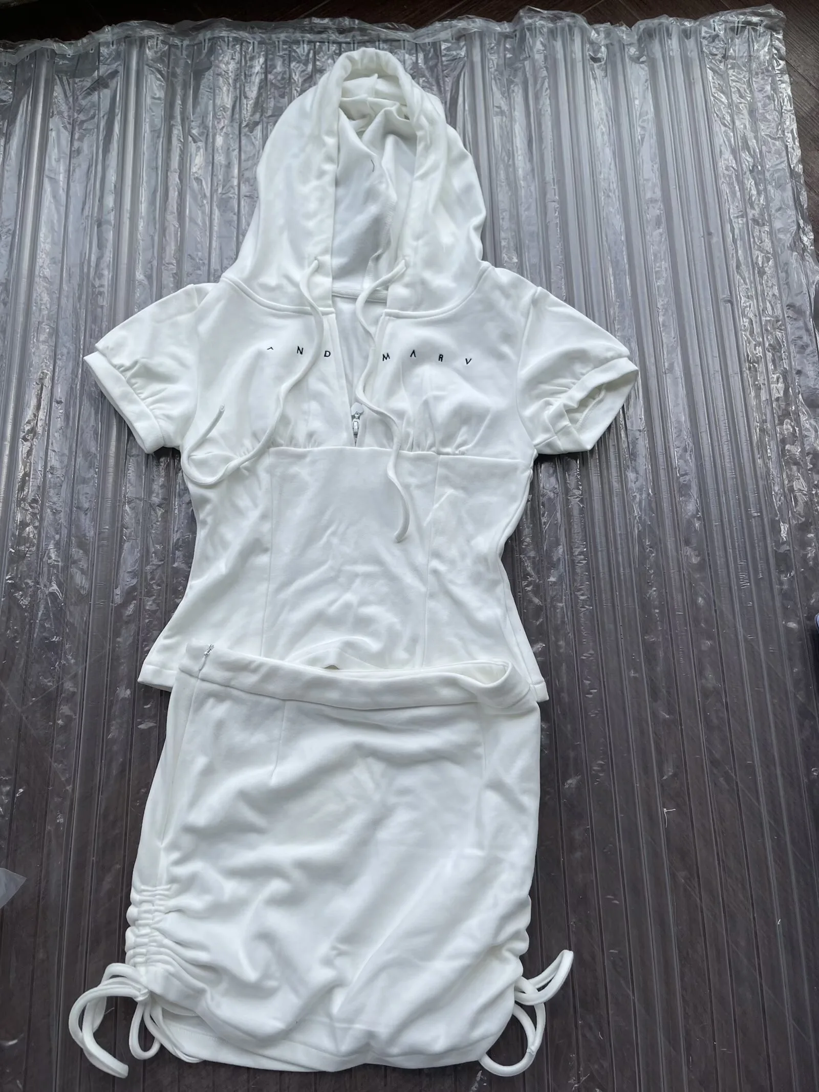 Summer Two-piece Set  Hooded Zipper Bubble Sleeve Top Drawstring Pleated Mini Skirt Set