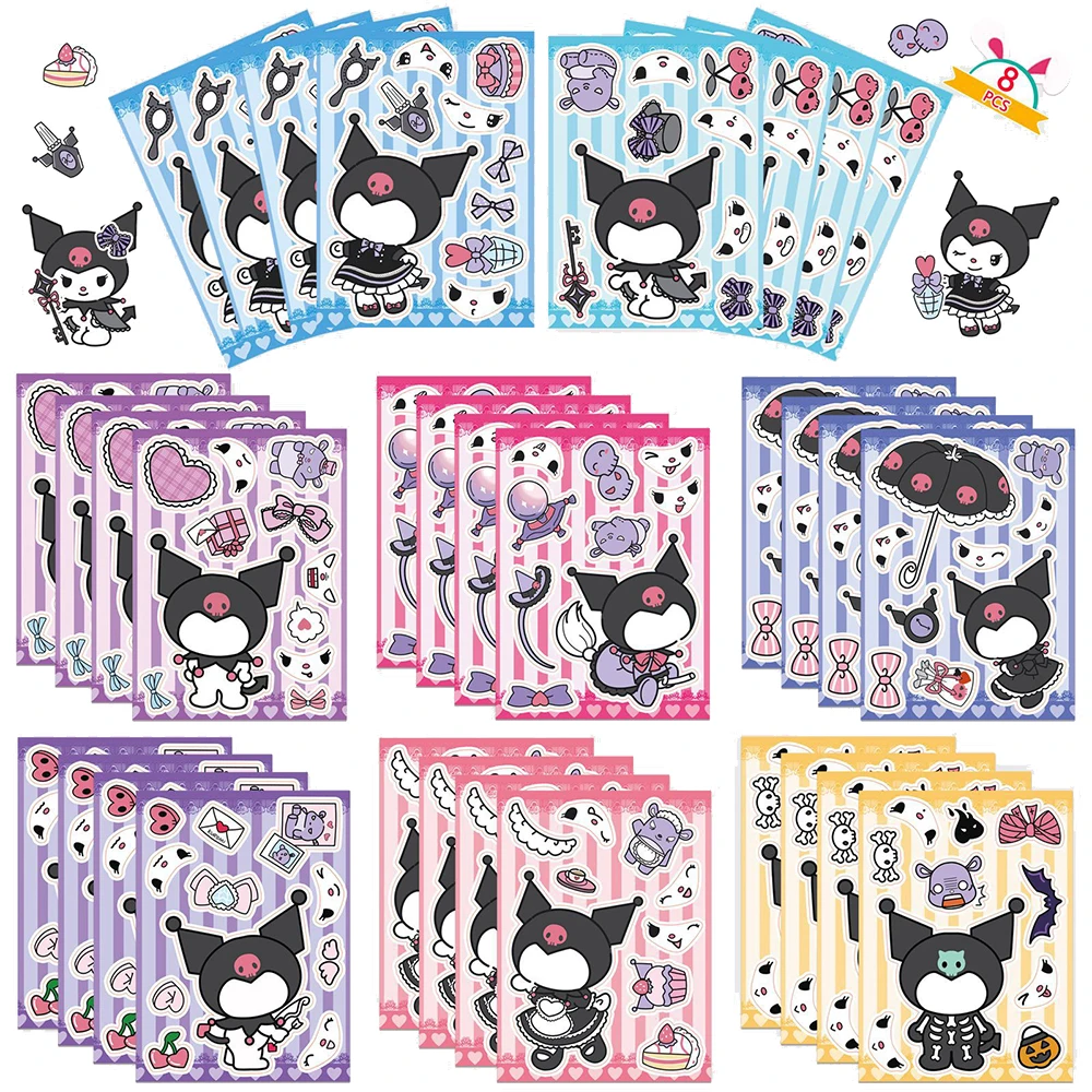 8/16 fogli Kawaii Sanrio Kuromi Puzzle Stickers Make a Face DIY Fun Party Game assemblare Jigsaw decalcomanie Cute Cartoon Kids Toy Gift